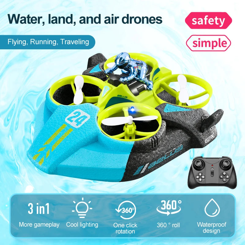 AquaFly™ 3-in-1 Drone – Land, Air & Water Explorer
